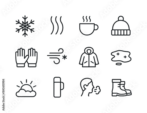 Cold Weather Icons. Cold Weather Morning. Line icon set of Cold