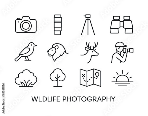 Wildlife Photo Icon Set. Wildlife photography. Line icon set of
