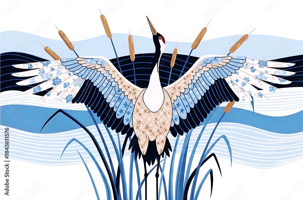 Fototapeta premium Elegant crane illustration ideal for serene nature artwork and decorative design projects