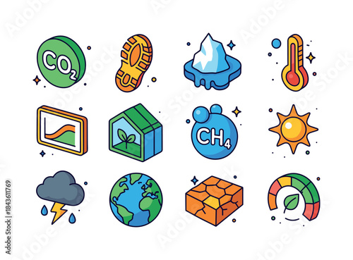 Climate Impact Icons. Climate impact indicators. Colorful isomet