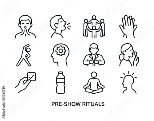 Pre-Show Ritual Icons. Pre-Show Rituals. Line icon set of Pre-Sh