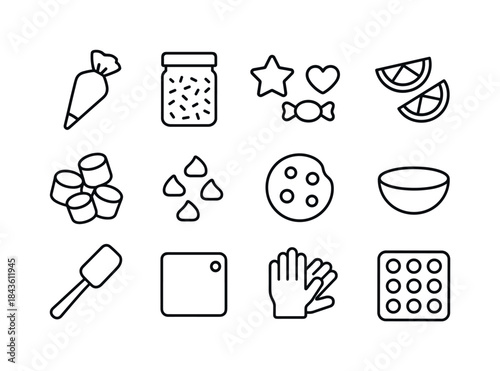 Edible Craft Icon Set. Edible Craft Supplies. Line icon set of E