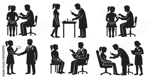 Collection of Silhouettes Depicting Various Doctor-Patient Interactions and Medical Scenarios.