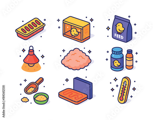 Chick Care Essentials. Chick Care. Colorful isometric vector ico