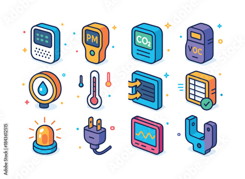 Colorful Air Quality Icons. Air quality monitoring device. Color