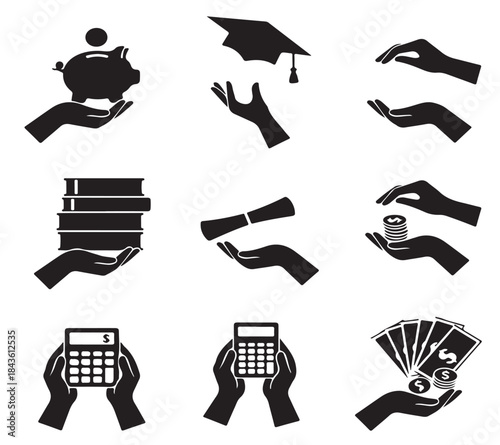 Collection of black and white icons representing financial and educational concepts, including hands holding a piggy bank, graduation cap, books, diploma, coins, calculator, and money.