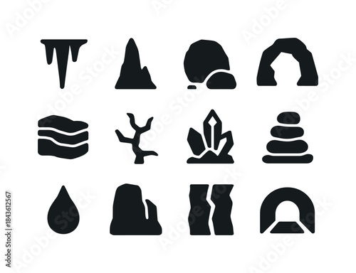 Geometric Rock Icons. Rock Formations. Solid icon set of Rock Fo