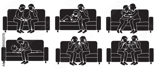 A series of black and white illustrations depicting two figures on a sofa, showing various scenes of comfort, support, and emotional distress, including holding hands, embracing, and offering tissues.