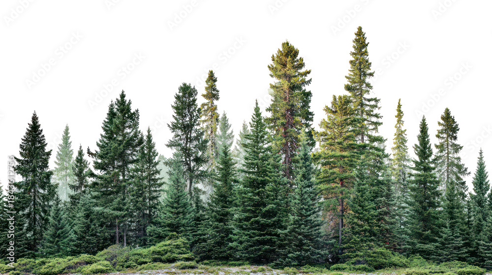 Fototapeta premium Boreal taiga forest with evergreen conifers on transparent background