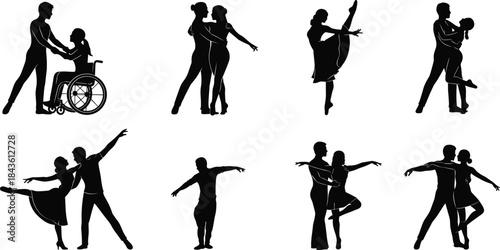 Inclusive dancing couple silhouette set, black expressive movement and pose illustration, partner dance diversity and accessibility concept graphic