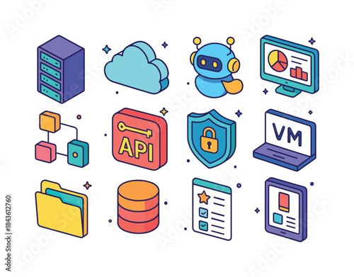 Colorful Tech Icons. Enterprise technology tools. Colorful isome
