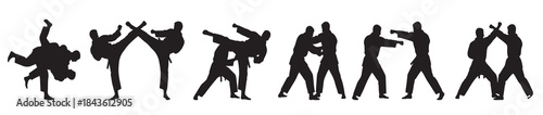 Silhouettes of martial arts practitioners demonstrating various fighting techniques and self-defense movements in a sequence.
