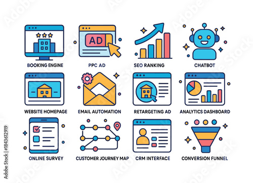 Hotel Marketing Icons. Hotel digital marketing. Colorful isometr