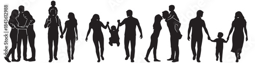 Collection of black silhouettes depicting various family groups and couples showing different interactions and relationships.