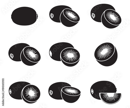 Black and white silhouettes of whole and sliced kiwi fruits, showing their internal structure and seeds.