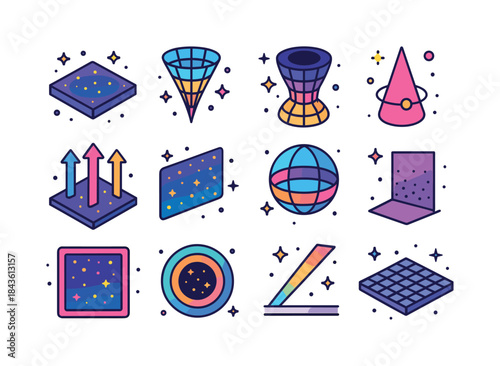 Cosmic Horizons Icons. Cosmic Horizons. Colorful isometric vecto
