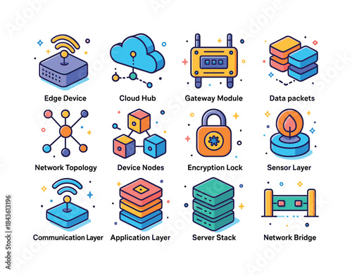 Vivid IoT Architecture Icons. IoT architecture. Colorful isometr