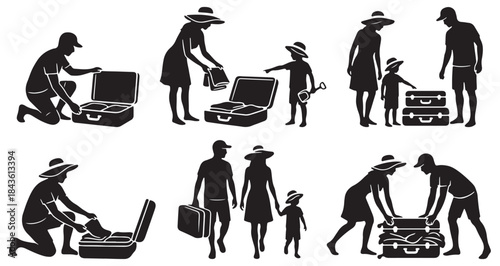 Family travel preparation: various scenes of parents and child packing luggage for a trip, depicted in black silhouettes.
