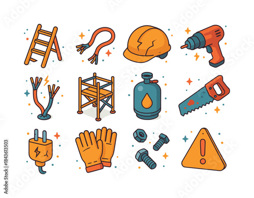 Unsafe Equipment Icons. unsafe equipment. Colorful isometric vec