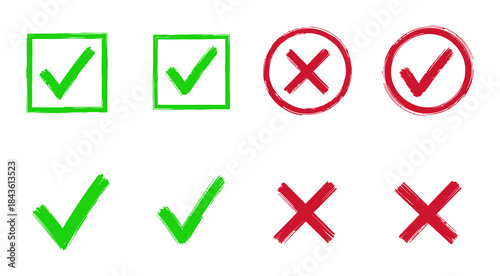 Check tick mark icon set Cross box x check mark checkbox v list draw hand drawn sketch doodle brush marker checklist symbol wrong right circle