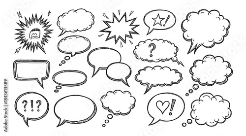 Speech bubble doodle talk set Hand drawn comic doodle style dialog balloon thought cloud speech bubble element pack