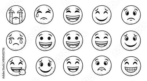 Doodle Emoji face icon set Hand drawn sketch doodle style Emoji with different emotion mood happy sad smile face Comic line