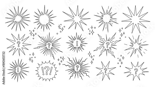 Hand drawn line art bursts with surprise rays and sparkles Doodle hand drawn starburst icons shine bright Surprise shapes