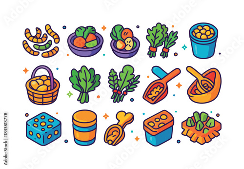 Colorful Chicken Treat Icons. Chicken Treats. Colorful isometric
