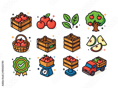 Isometric Apple Crates. Apple crate. Colorful isometric vector i