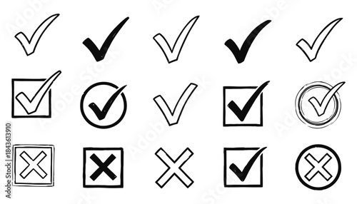 Check tick mark icon set Cross box x check mark checkbox v list draw hand drawn sketch doodle brush marker