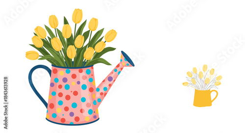 Vibrant yellow tulips rise from a pink polka dot watering can beside a tiny yellow vase with white blossoms creating a cheerful colorful still life scene.