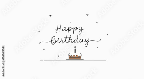 Minimal birthday illustration shows a candlelit cake on a simple line with small hearts and elegant script spelling happy birthday.