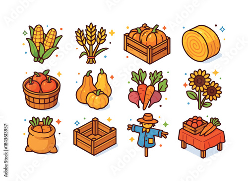 Colorful Farm Harvest Icons. Farm Harvest. Colorful isometric ve