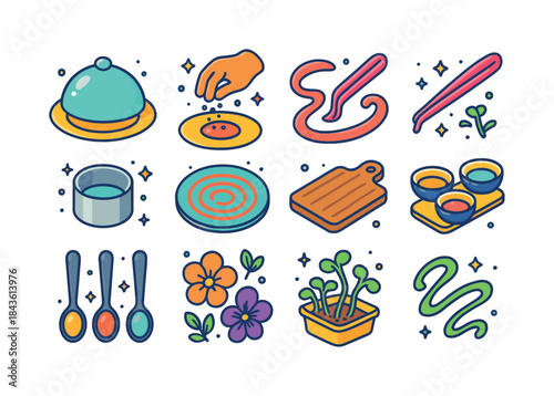 Colorful Food Icons Set. Food Presentation. Colorful isometric v