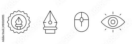 Educational creativity icon set, pen nib badge, fountain tip tool, computer mouse control, eye vision insight outline vector illustration.