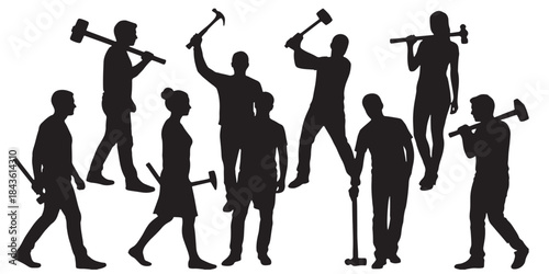 Silhouettes of diverse people, men and women, holding and carrying hammers and mallets, depicting labor, construction, and hard work.