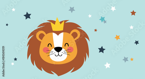 Joyful illustrated lion with a golden crown smiles across a soft blue background dotted with colorful stars in a playful kid friendly scene.