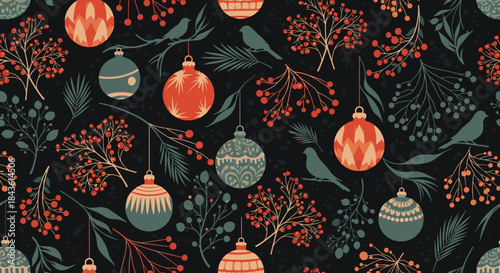 Festive christmas ornaments and red berries hang among delicate branches against a dark background creating a warm seasonal pattern for holiday decor.