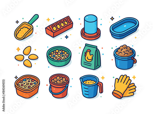 Colorful Chicken Feeding Icons. Feeding Chickens. Colorful isome