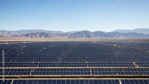 Large-Scale Solar Farm in Arid Landscape with Mountain Background for Renewable Energy Projects