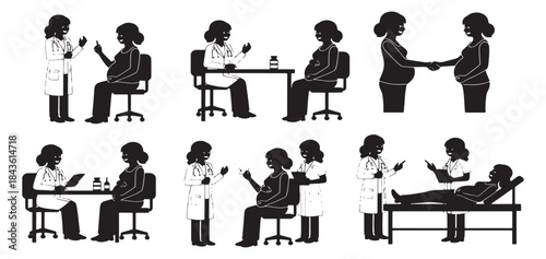 Silhouettes of doctors and nurses providing prenatal care and consultations to pregnant women in various medical settings.