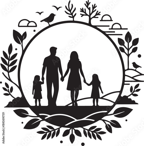 Happy Family Walking Together with Their Dog
Family Silhouette Stroll in the Park
Parents and Children Enjoying a Walk with Pet