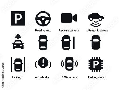 Self-Parking Icon Set. Self-parking systems. Solid icon set of S