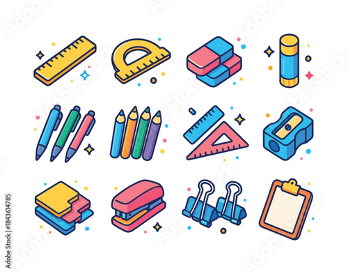 Colorful School Supplies Icons. School supplies. Colorful isomet