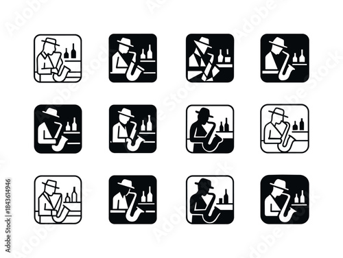 Saxophone Jazz Emblems. A jazz musician playing a saxophone in a