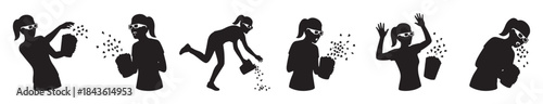 A sequence of black silhouettes depicting a person spilling contents from a bucket and reacting to the event.