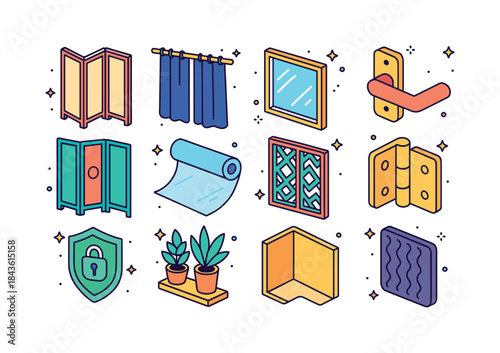 Colorful Privacy Icons. Home privacy solutions. Colorful isometr