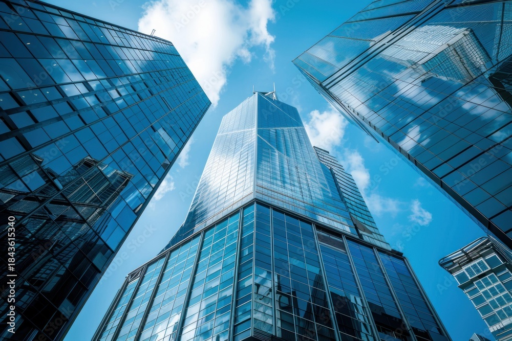 Fototapeta premium Low angle view of modern skyscrapers towering over a city center, reflecting the blue sky and clouds