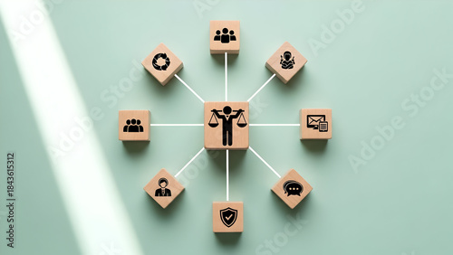 A visually engaging flat lay showcases wooden blocks arranged in a circle, symbolizing corporate governance and ethical business practices today.