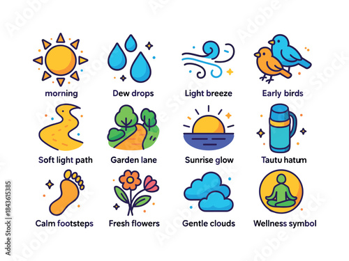 Morning Stroll Icons. morning strolls. Colorful isometric vector